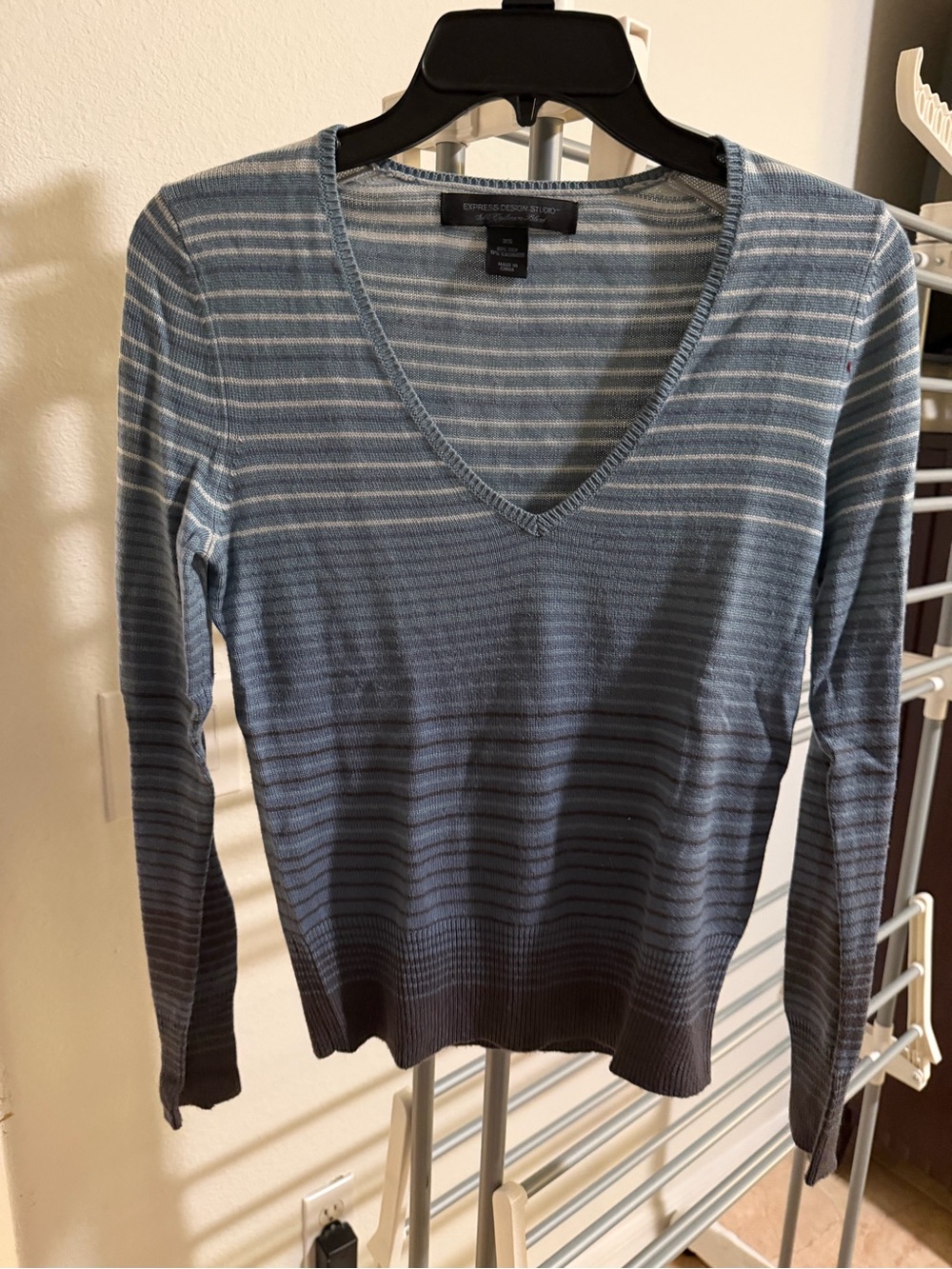 Express Women's V-Neck Striped Sweater in Light Blue and Navy